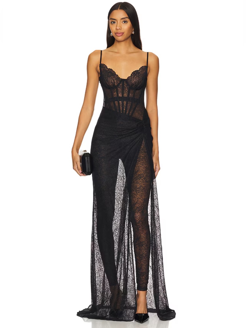 NBD Veronica Jumpsuit Gown Black Lace Sheer Corset Bodice maxi Revolve M